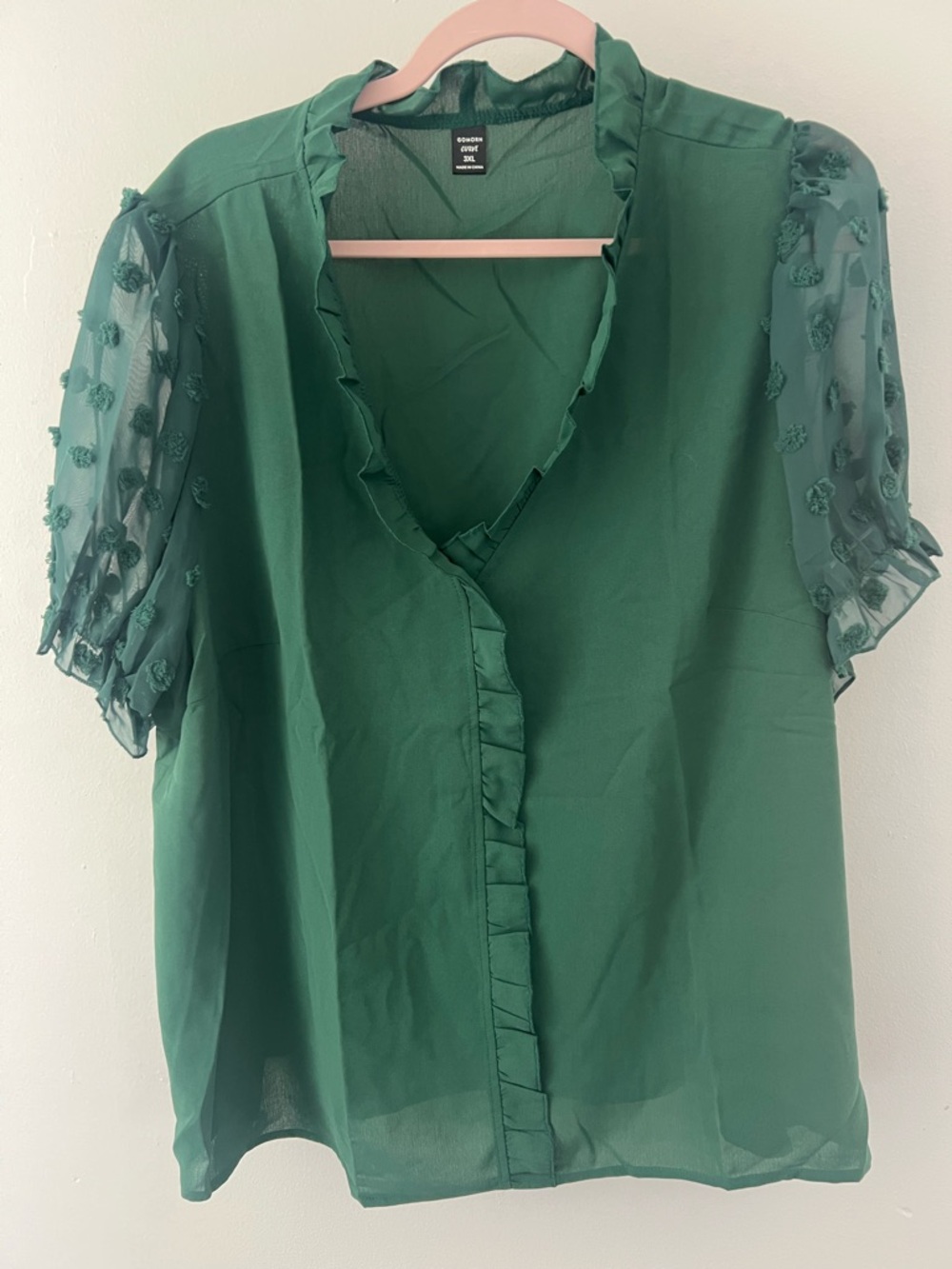 WOMEN Green Ruffle V-Neck Blouse with Sheer Polka Dot Sleeves